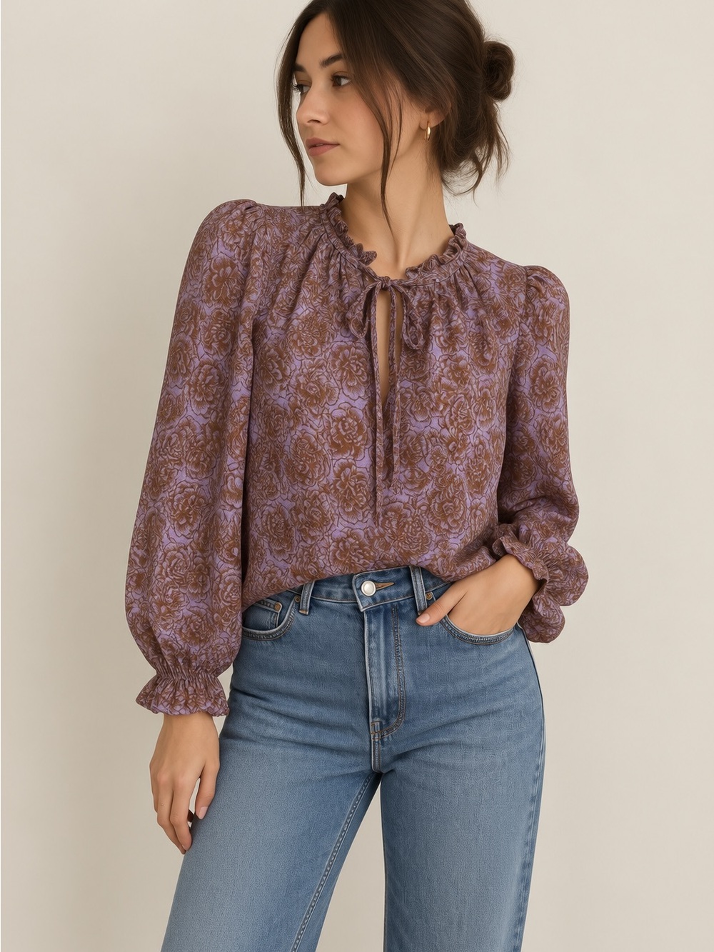 Treasure & Bond Purple and Brown Floral Tie-Neck Blouse